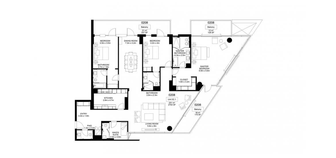 Планировка апартаментов «300SQM» 3 спальни в ЖК MAMSHA AL SAADIYAT